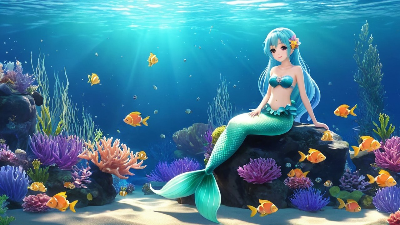 Vibrant Underwater Scene with Mermaid and Coral