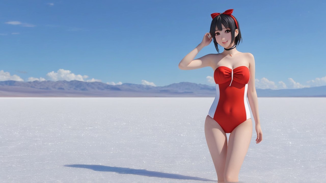 Young Woman in Red Swimsuit on Salt Flat Landscape
