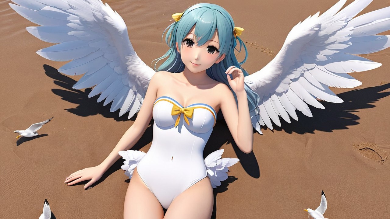 Character with Aqua Hair and Wings on Beach Scene