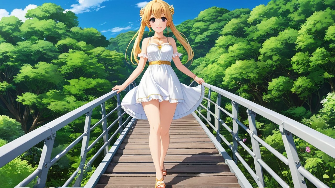 Young woman in white dress on wooden bridge in nature