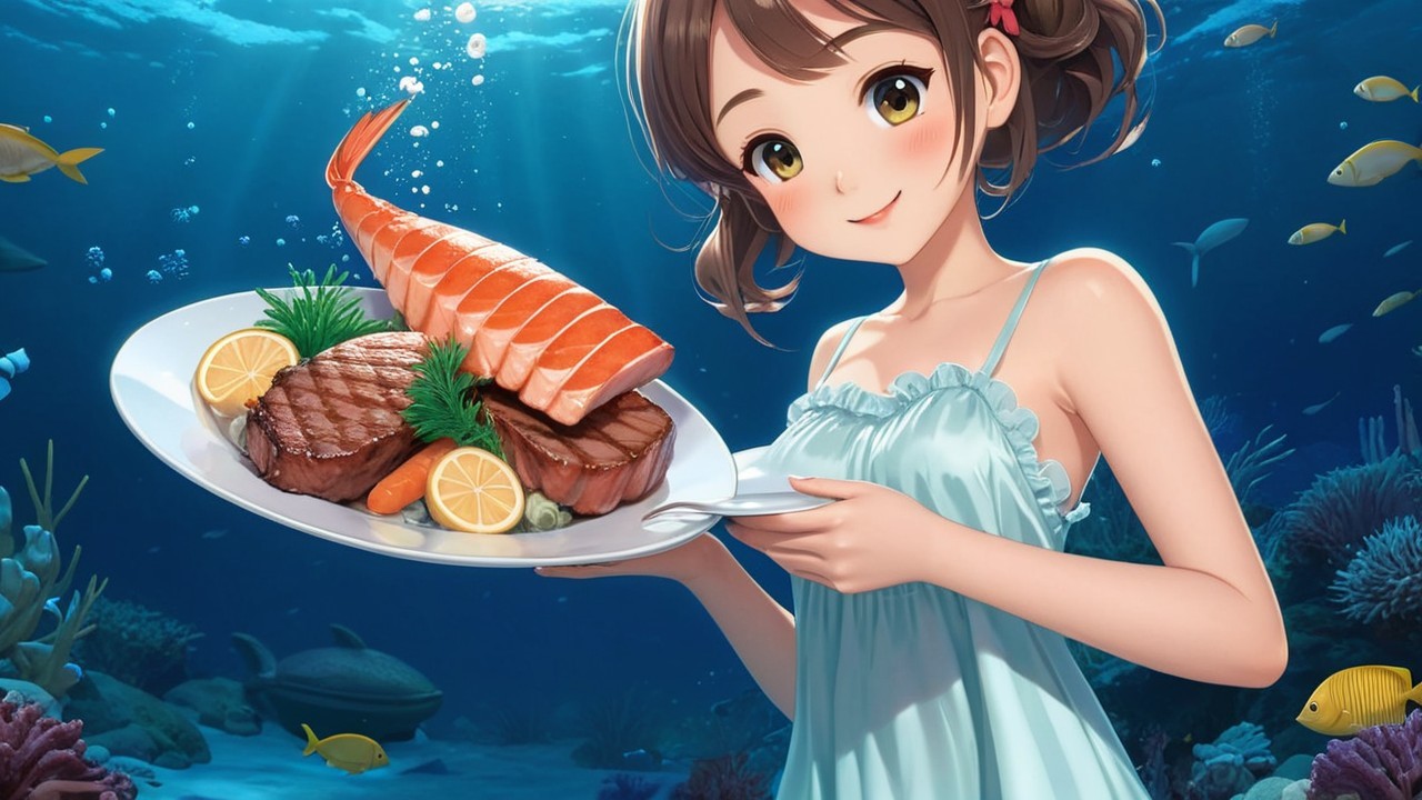 Cheerful girl with seafood dish in underwater setting