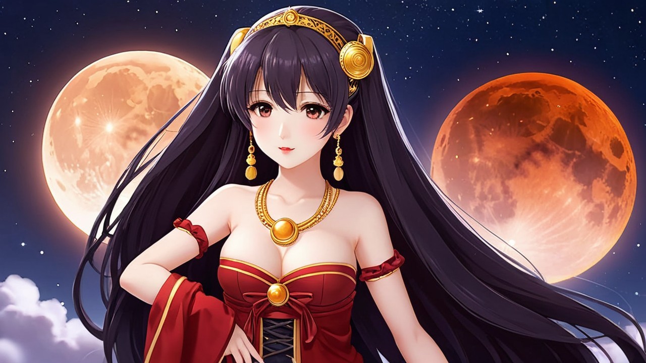 Anime Character in Red Dress Under Two Moons