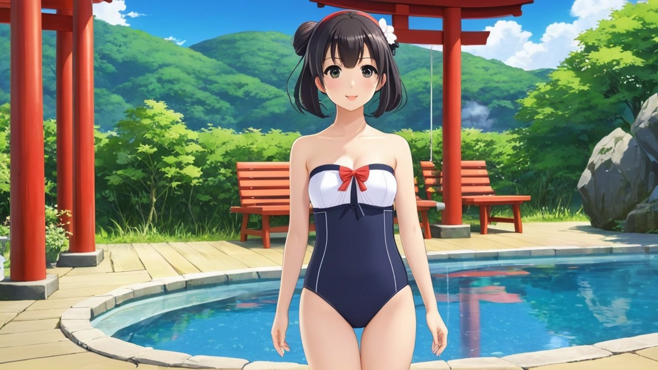 Stylized Character by Pool with Japanese Torii Gates