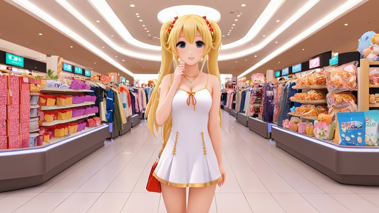 Animated Character in Colorful Shopping Mall Setting