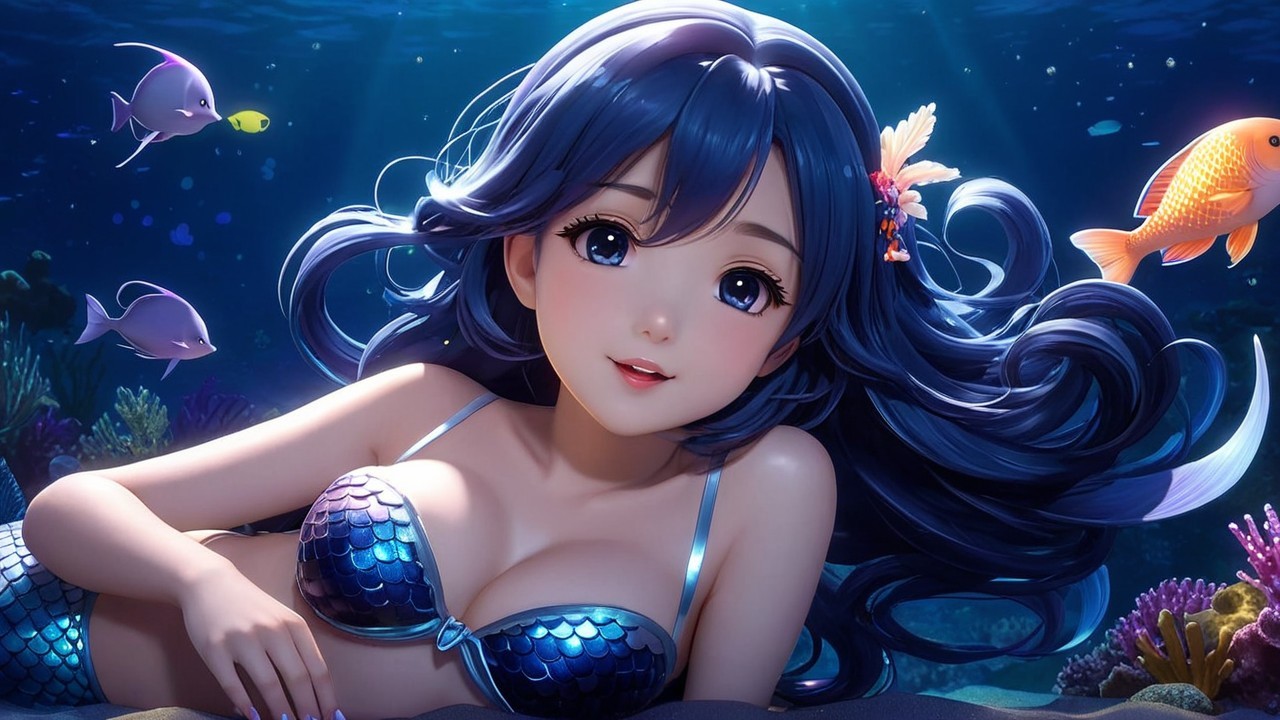 Underwater Scene with Mermaid and Colorful Coral