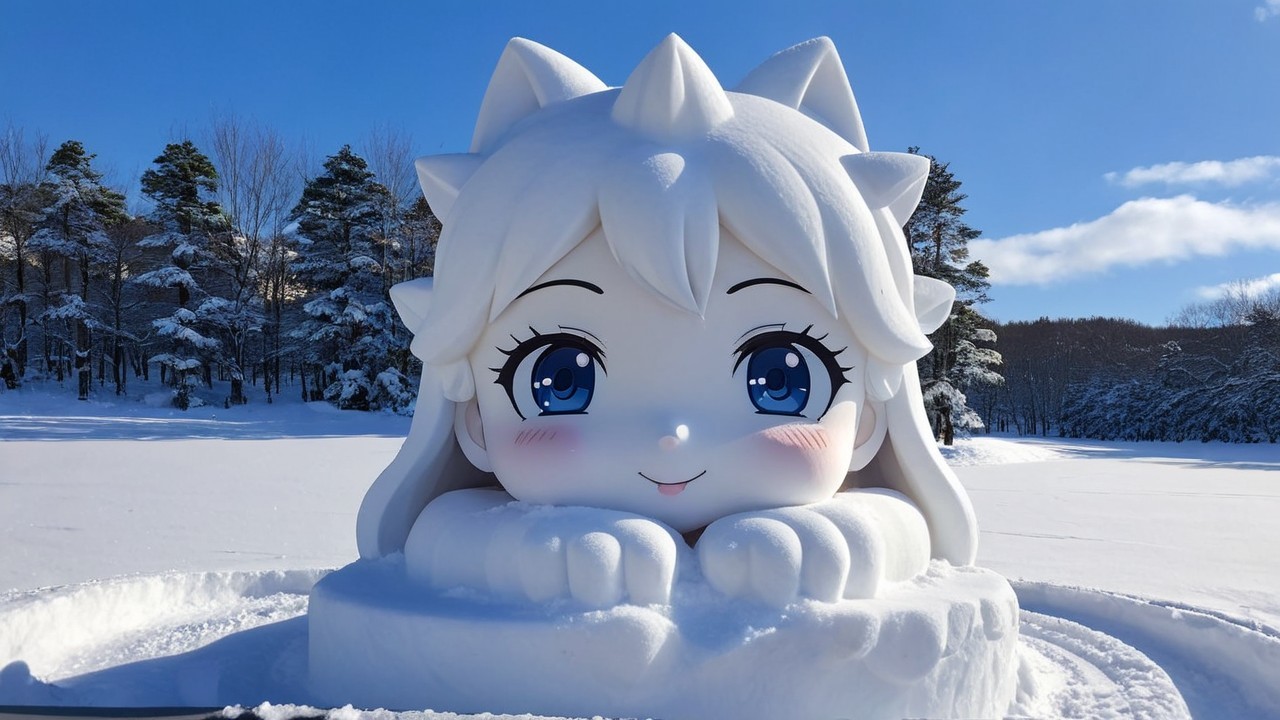 Cartoonish Snow Sculpture in Whimsical Winter Scene