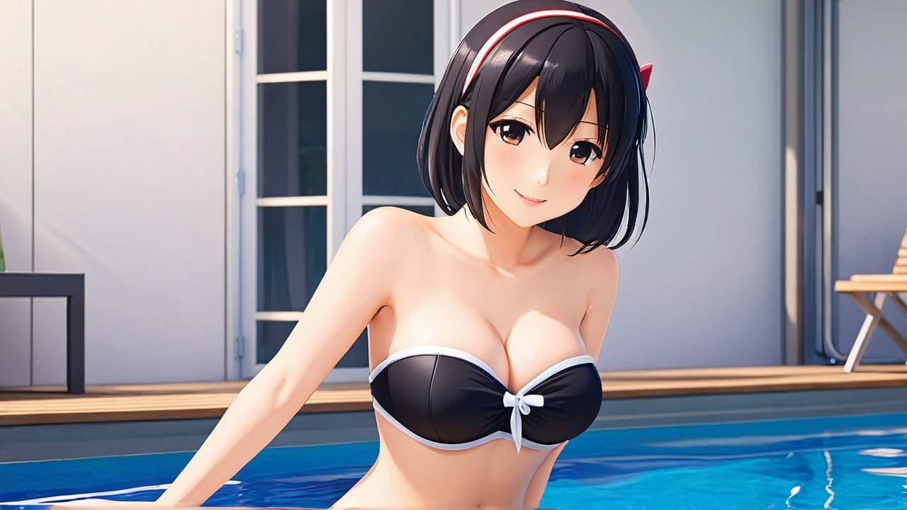 Young Woman by Pool in Stylish Black Bikini