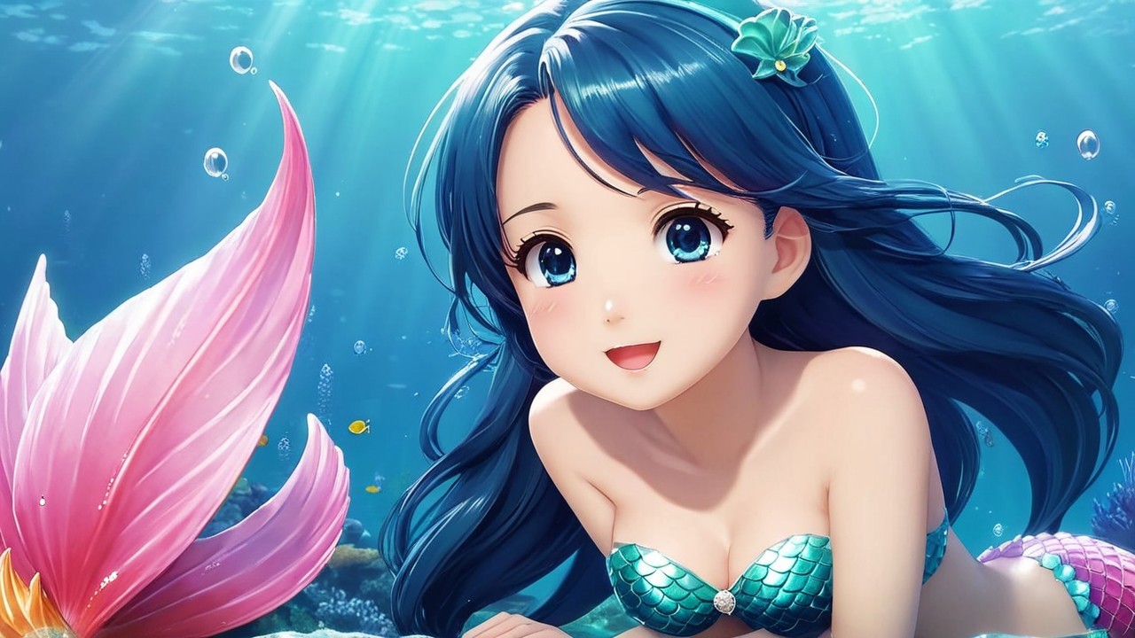 Cheerful mermaid swimming in vibrant underwater scene