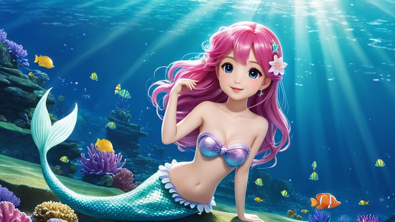 Cartoon Mermaid in Colorful Underwater Scene