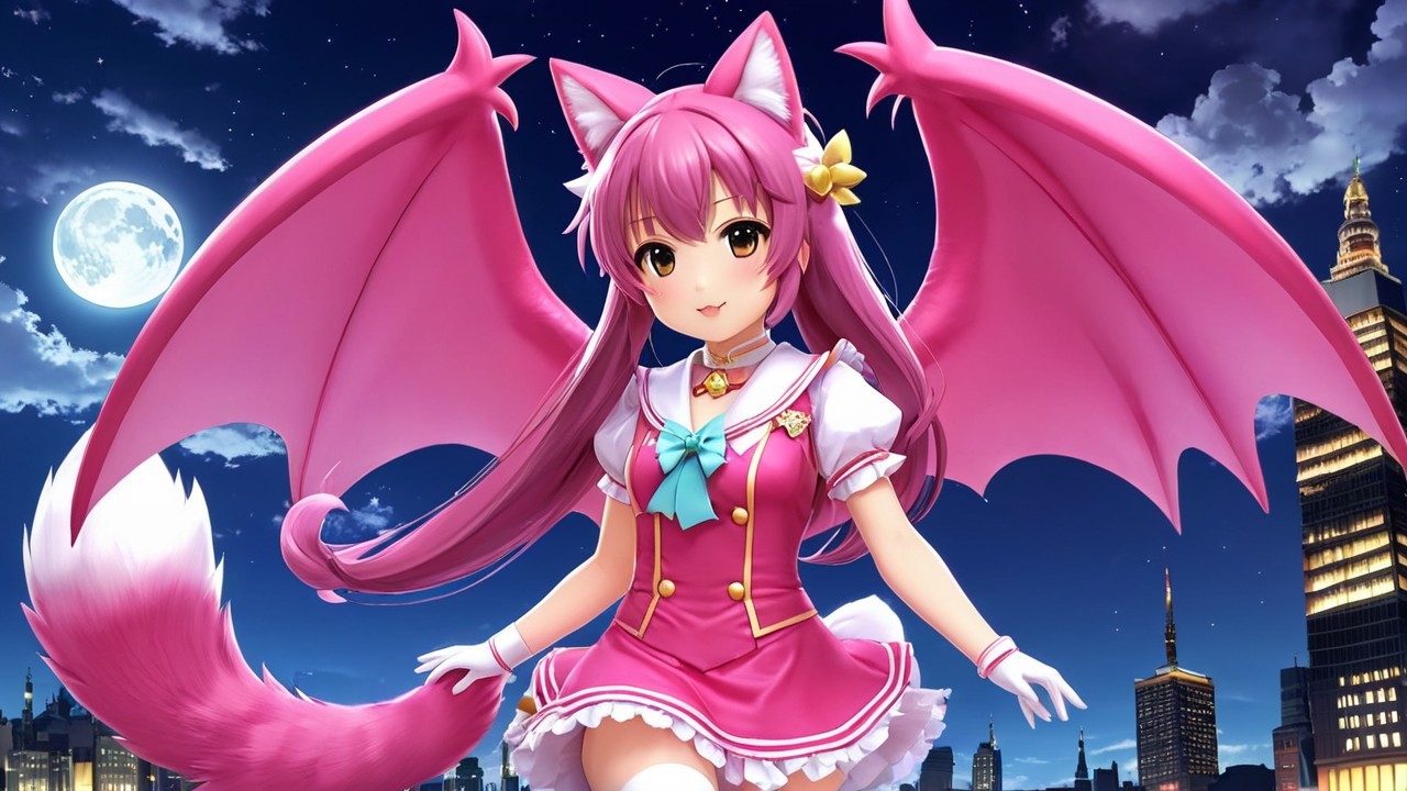 Cheerful character with pink hair and bat wings