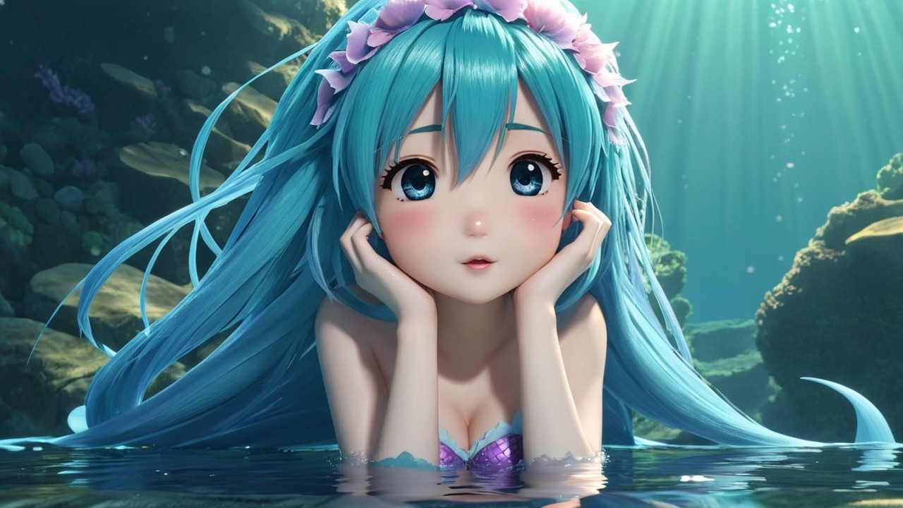 Whimsical Anime-Inspired Mermaid in Ocean Depths