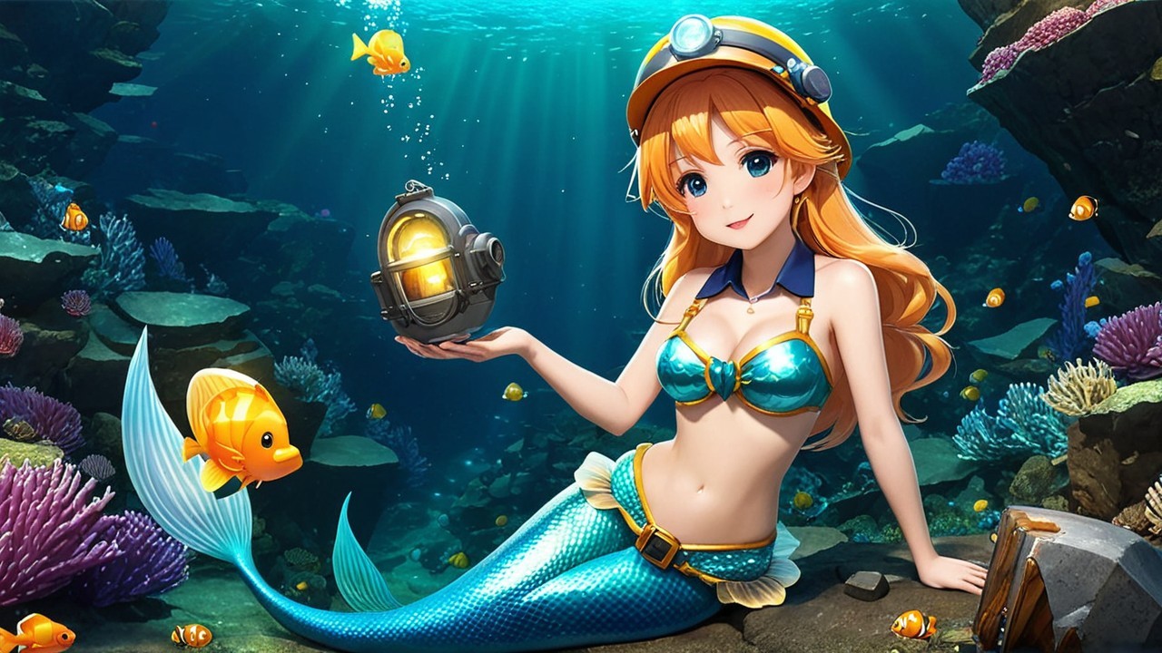 Vibrant Underwater Scene with Cheerful Mermaid and Fish