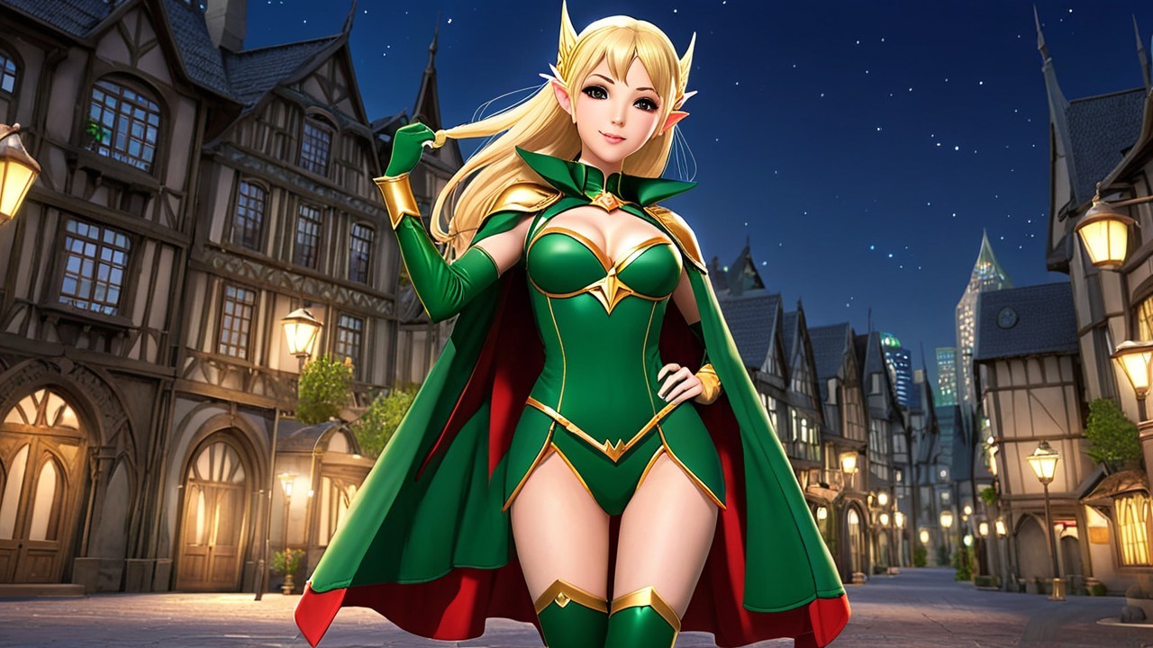 Heroic Female Character in Green Outfit at Night