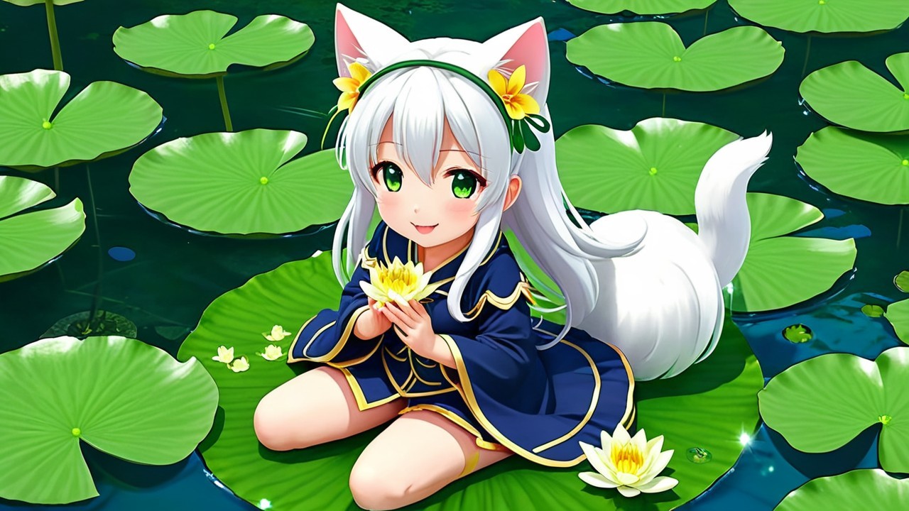 Cute anime character with silver hair in serene pond
