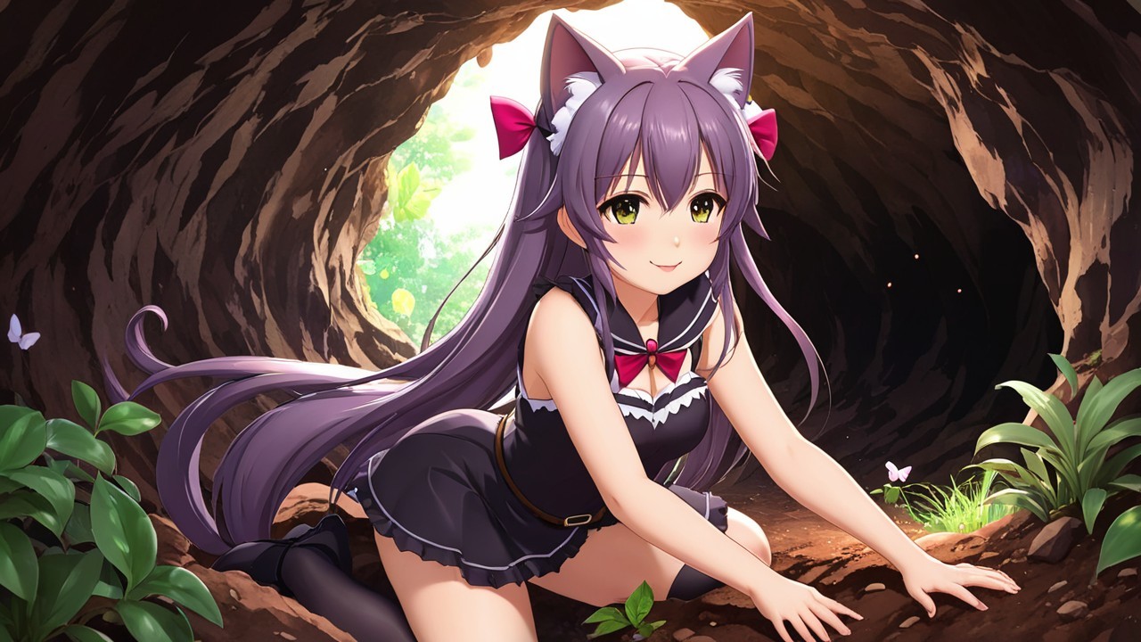 Anime Character with Purple Hair in Rustic Cave