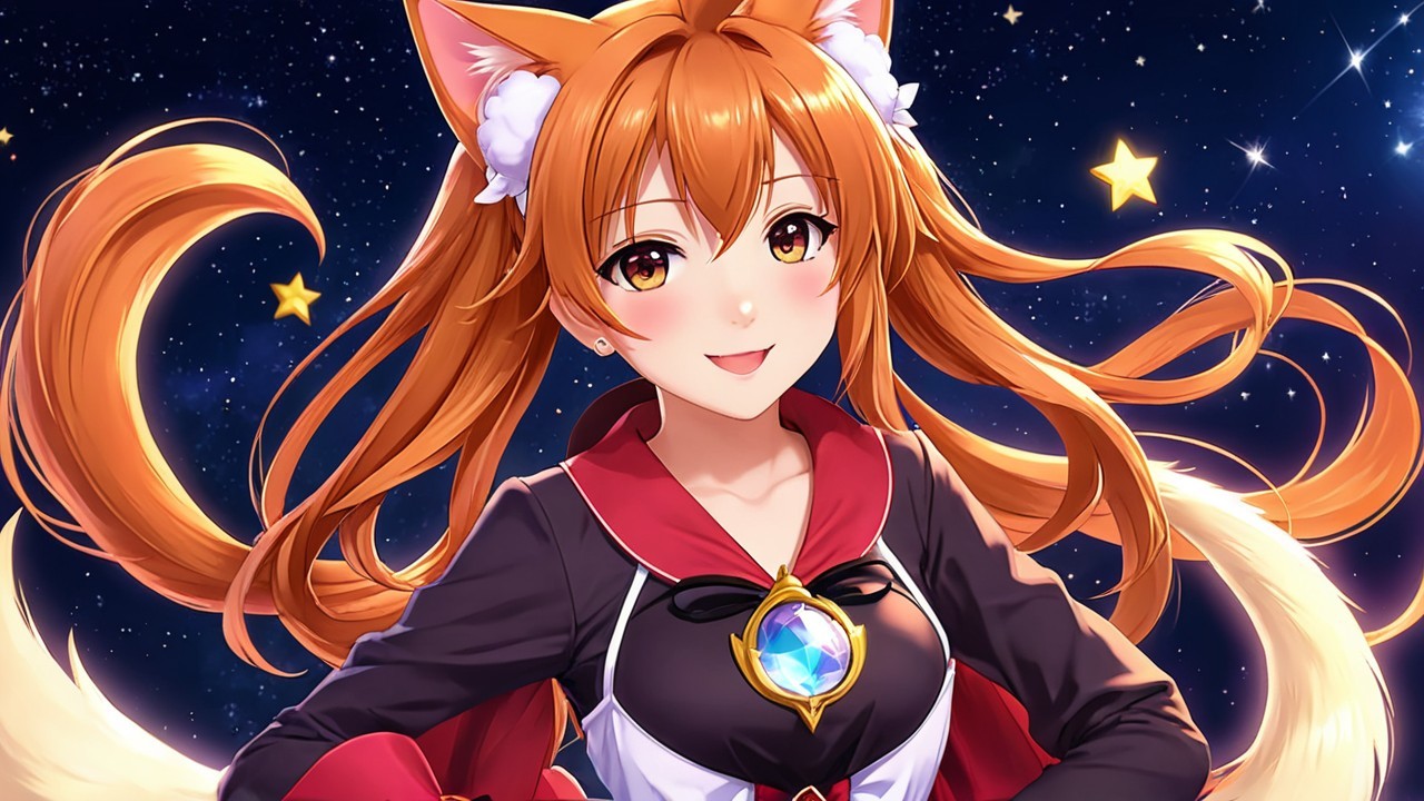 Cheerful anime character with fox features in night sky
