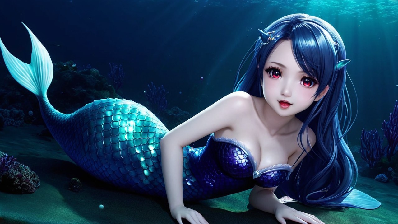 Mermaid on Ocean Floor with Shimmering Scales