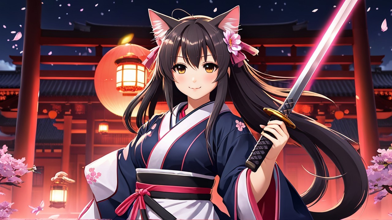 Cat-Eared Female Warrior in Kimono with Katana