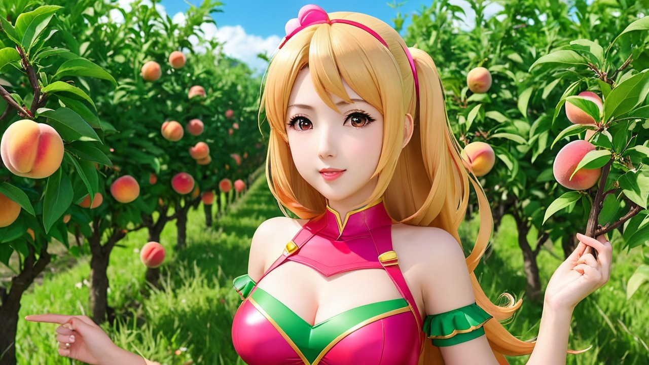 Vibrant Character in Lush Peach Orchard Setting