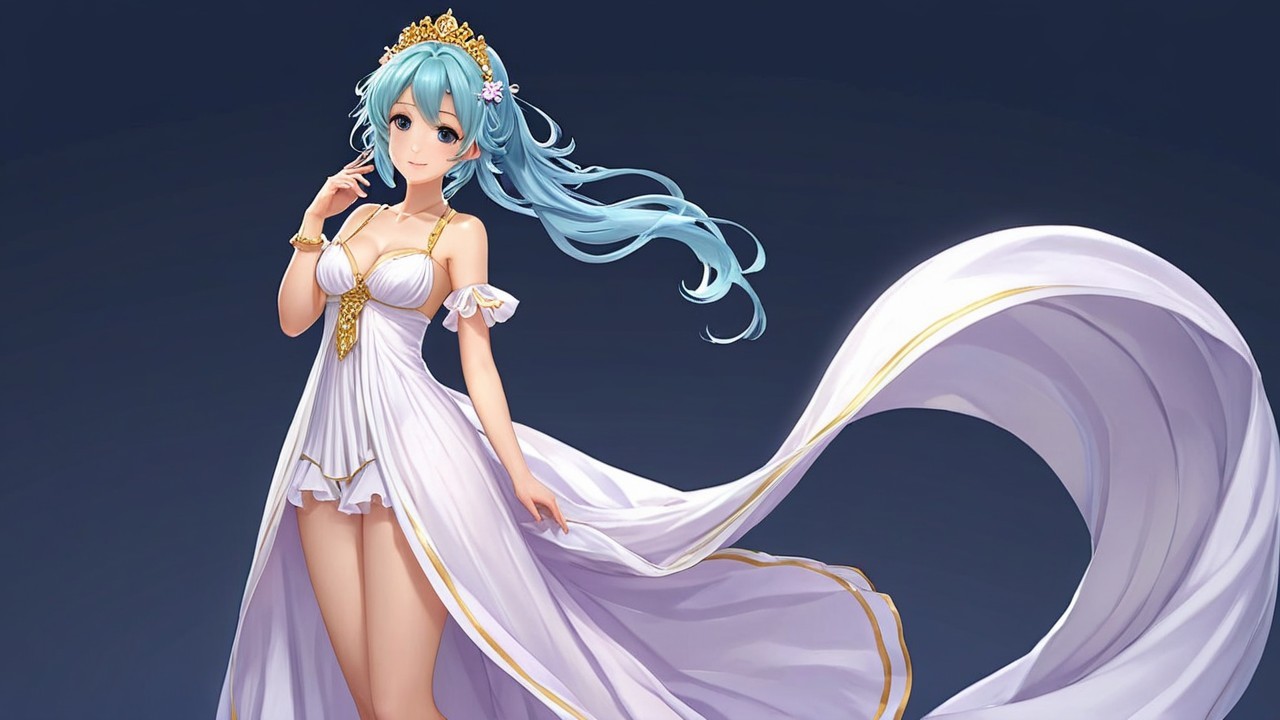Character with Blue Hair in Elegant White Gown