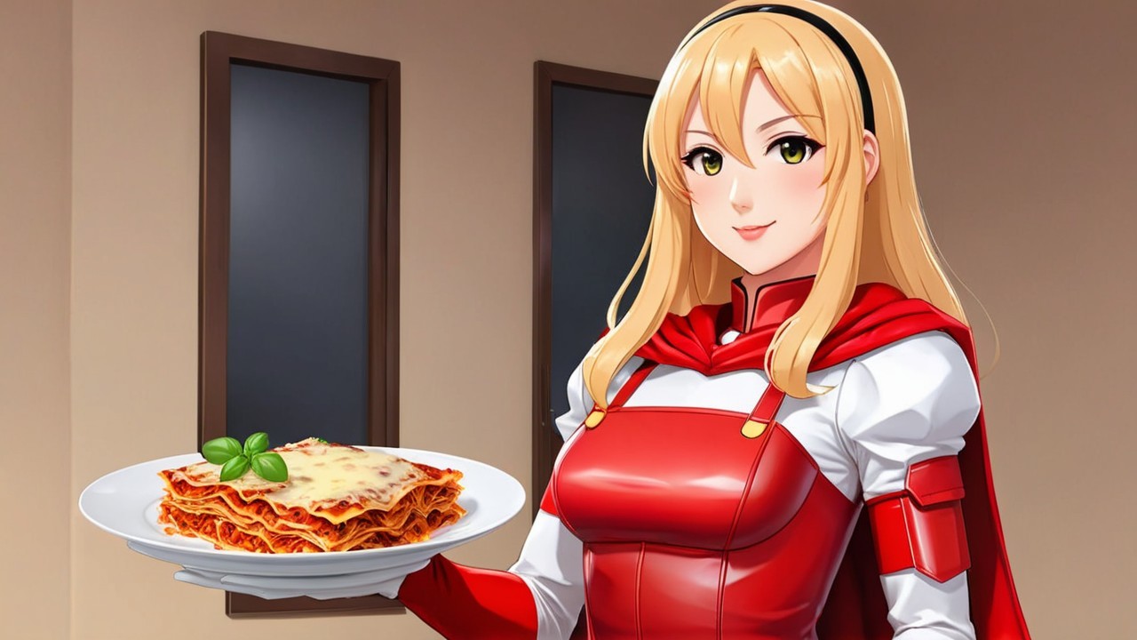 Cheerful Anime Character with Lasagna in Cozy Kitchen