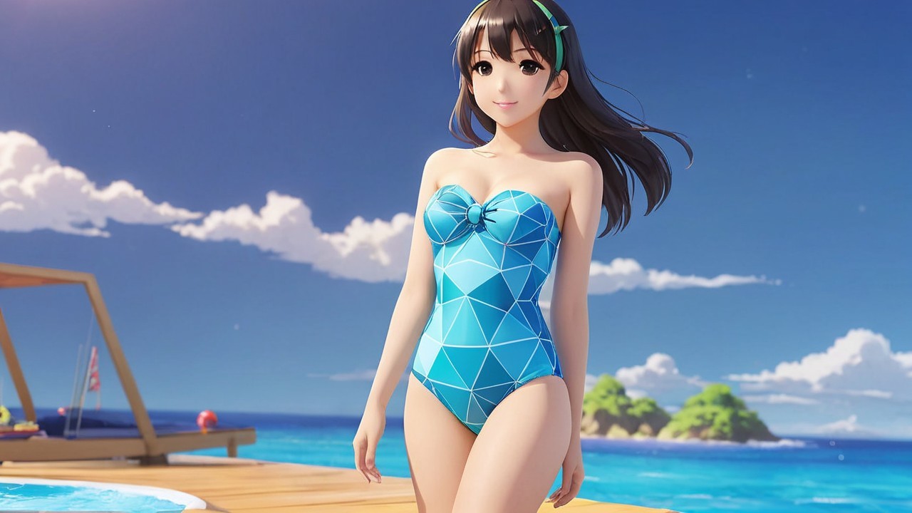 Young Woman in Stylish Blue Swimsuit by Pool