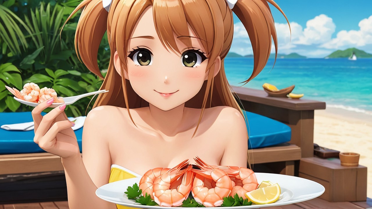 Cheerful Character Enjoys Shrimp at Tropical Beach
