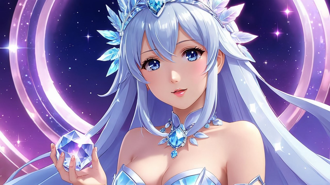 Fantasy Character with Blue Hair and Cosmic Background