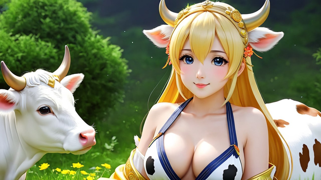 Young Woman with Cow Ears and White Cow in Nature