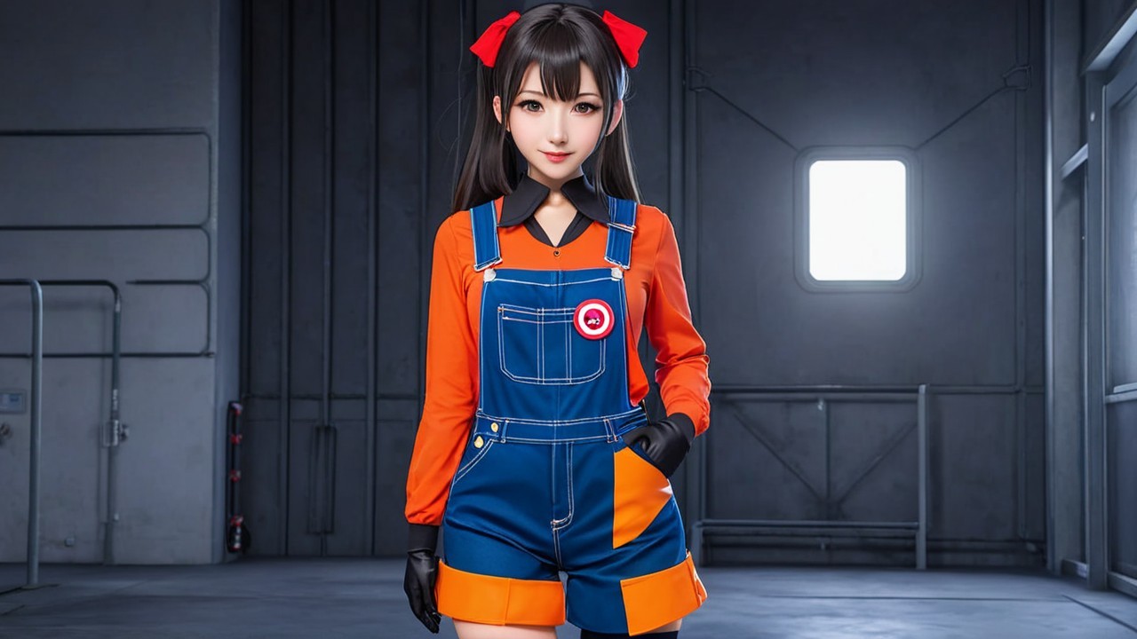 Character in Orange Shirt and Blue Overalls in Industrial Space