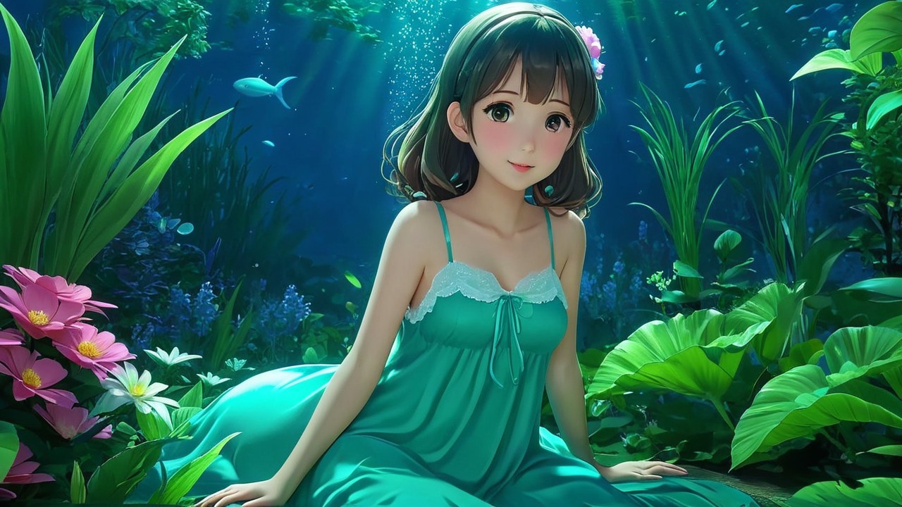 Young girl in teal dress in vibrant underwater scene