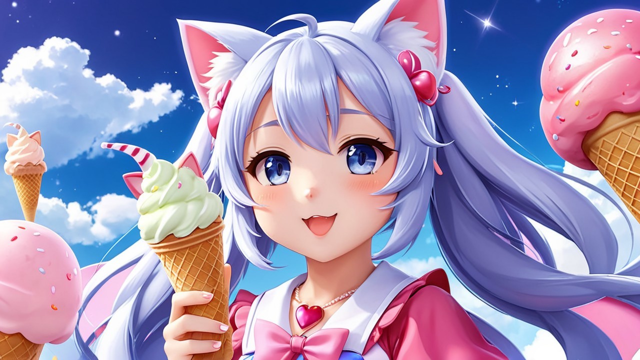 Cheerful anime girl with ice cream in vibrant setting