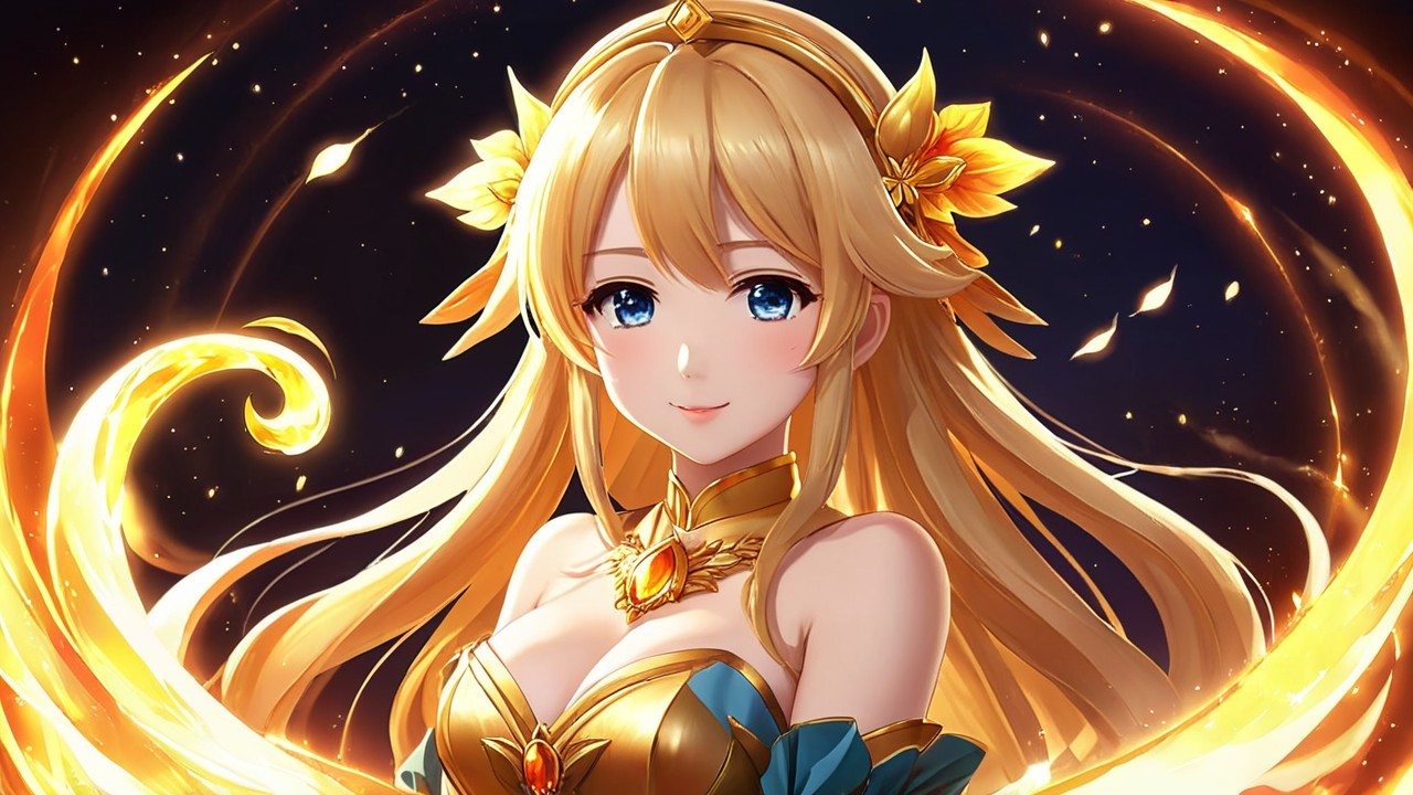 Fantasy Character with Golden Hair and Flames
