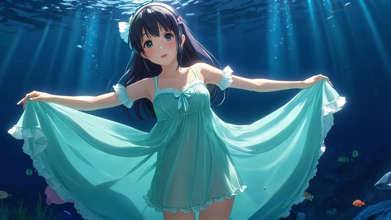 Young girl in blue dress gracefully underwater with fish