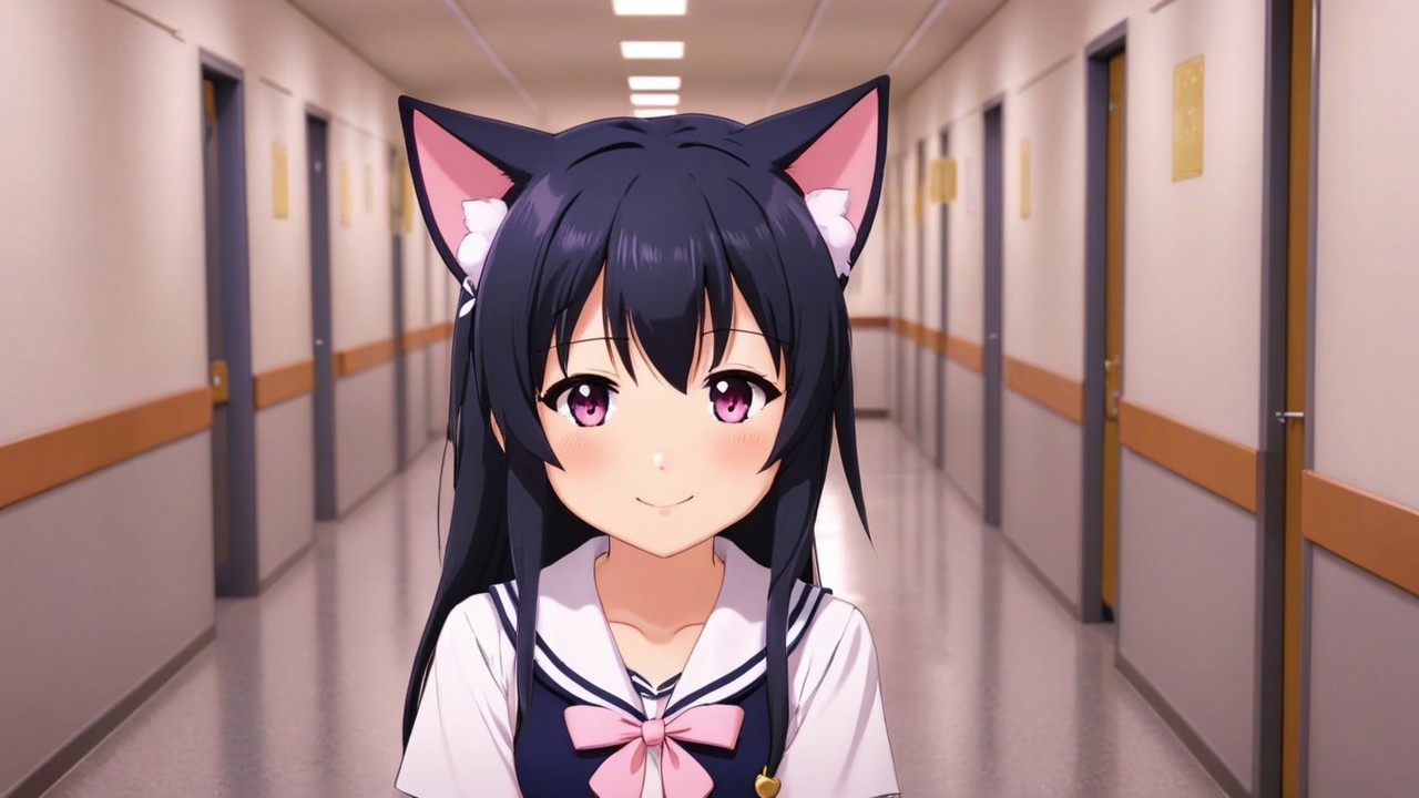 Young girl in school uniform with cat ears and pink eyes