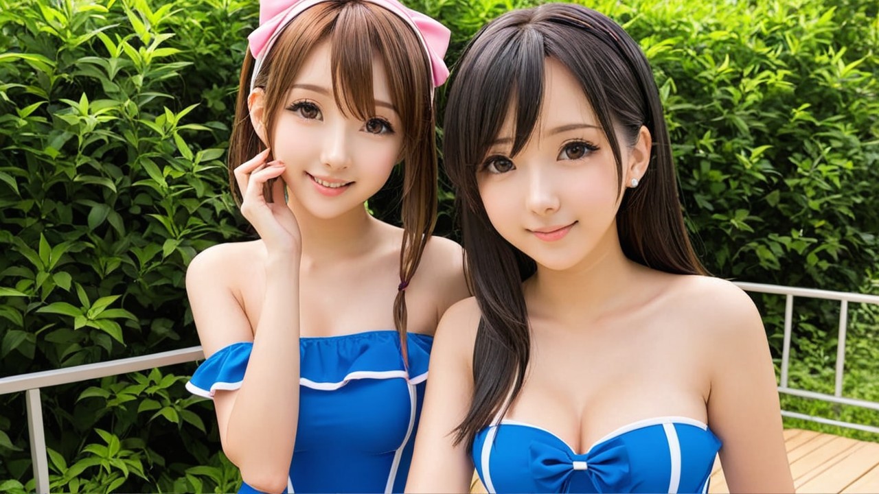 Young Women in Matching Blue Outfits Smiling Outdoors