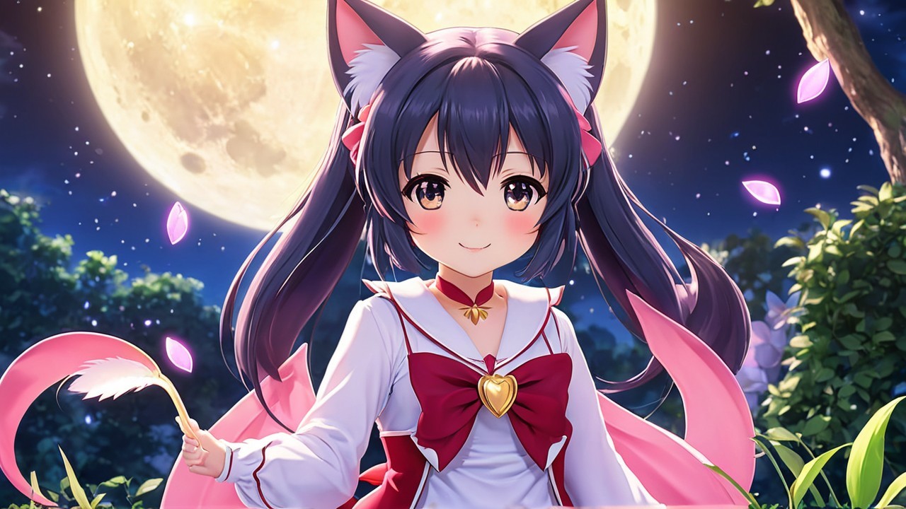 Cheerful anime character under a full moon scene