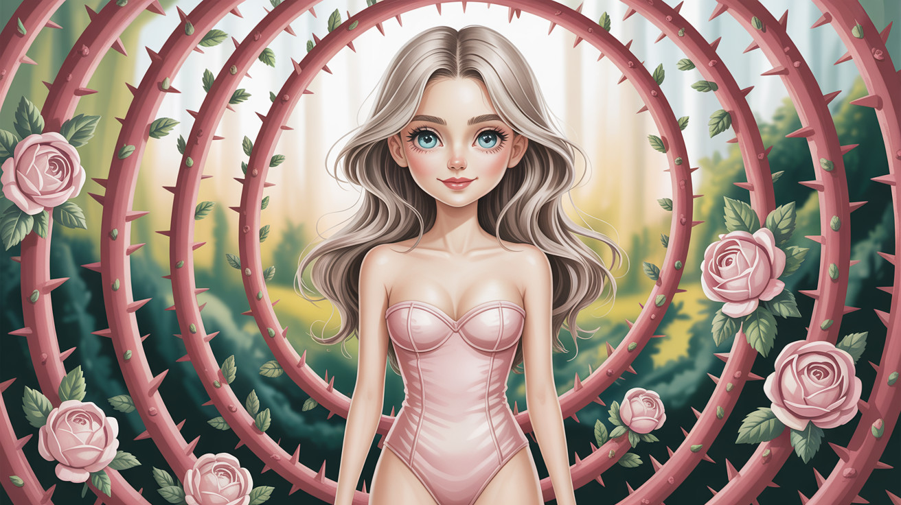Cartoon Young Girl in Pink Bodysuit with Blue Eyes