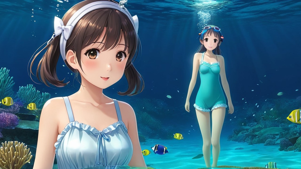 Underwater Scene of Two Young Women Among Coral Reefs