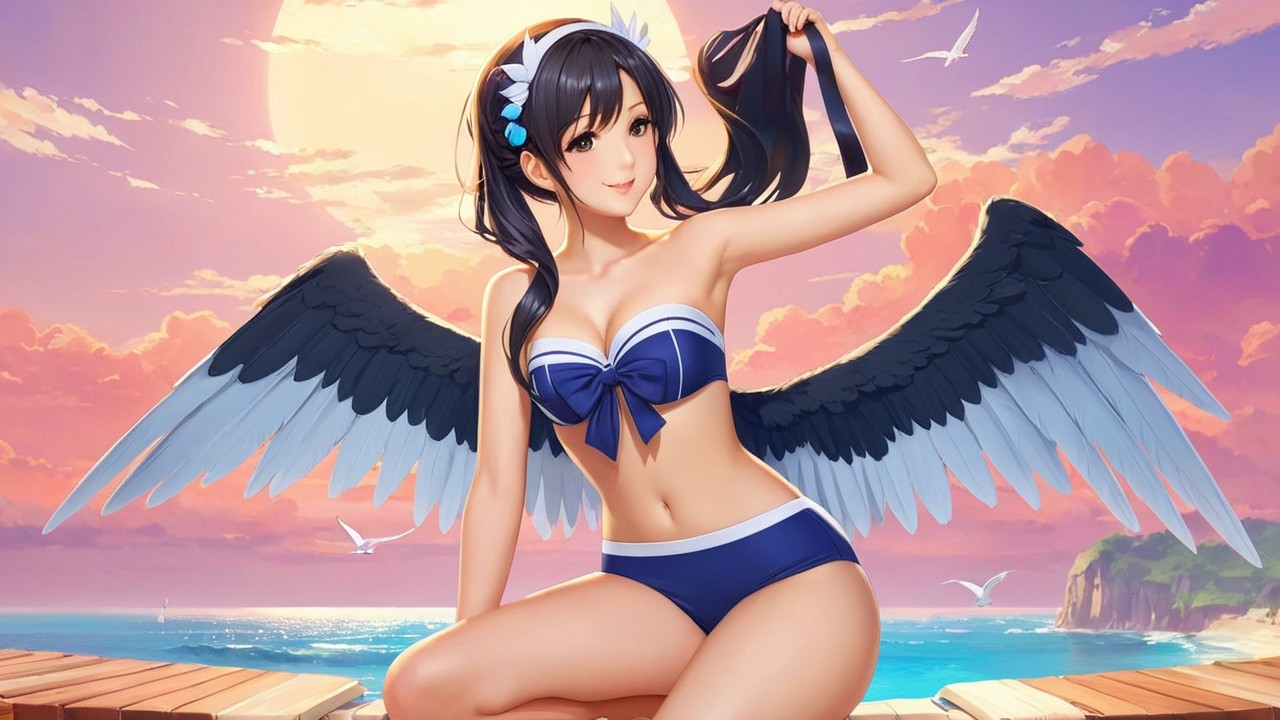 Stylized character with wings by the ocean at sunset