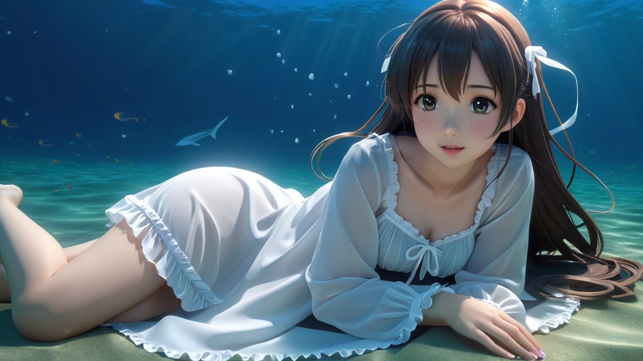 Young girl in white dress on ocean floor with fish