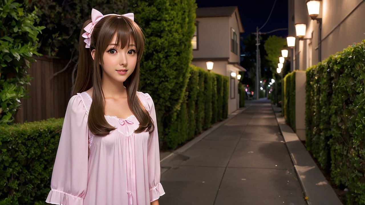 Young woman in pink nightgown in illuminated alley