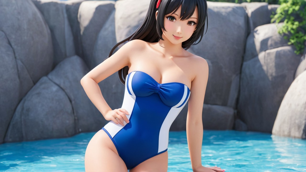 Young woman in blue and white swimsuit by pool