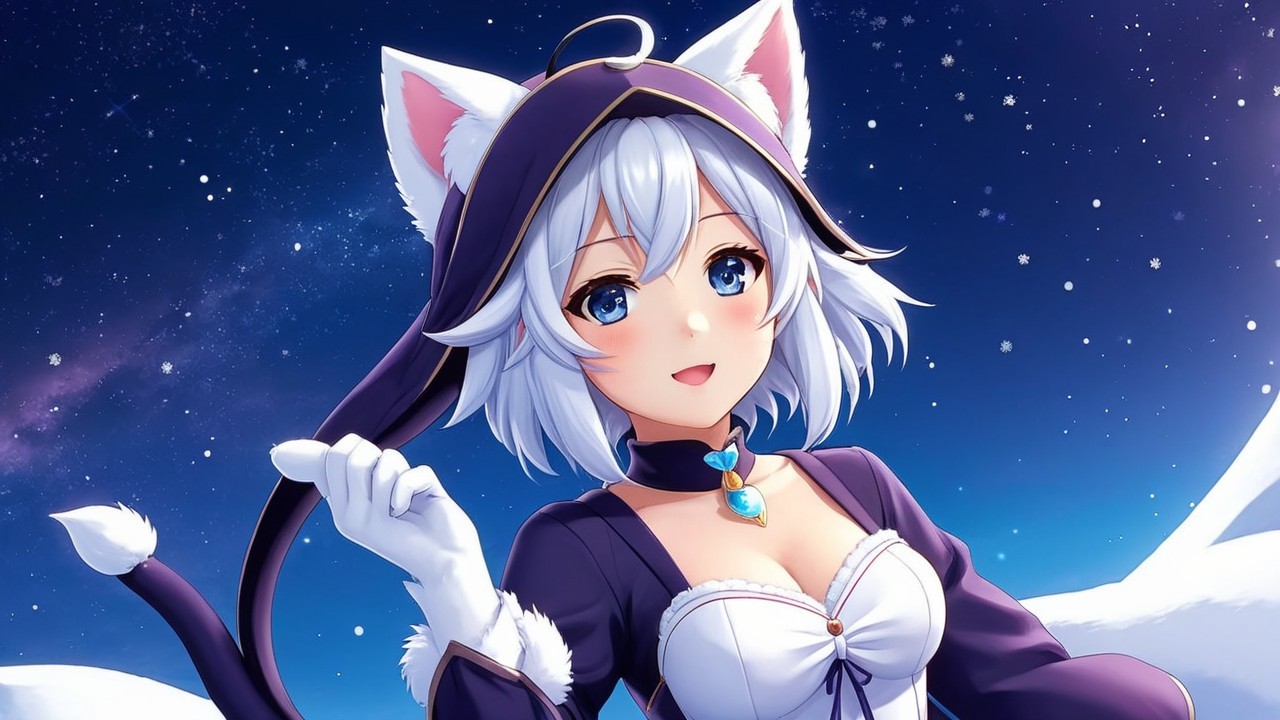 Anime Character with Cat Ears in Night Sky Setting