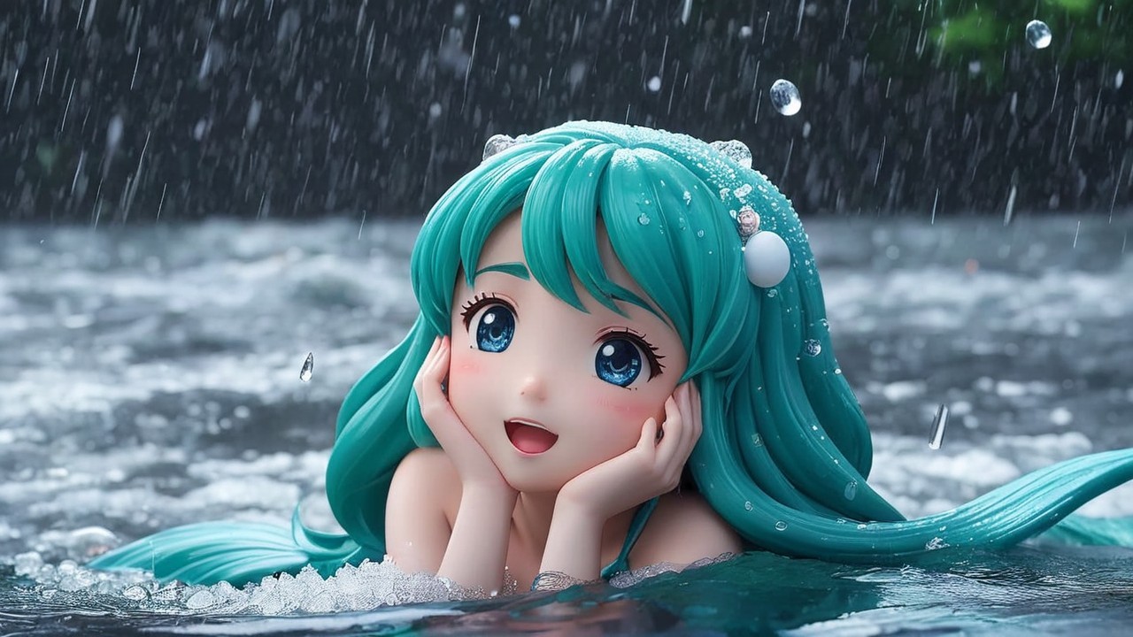 Vibrant Figurine of Joyful Girl in Rainy Setting
