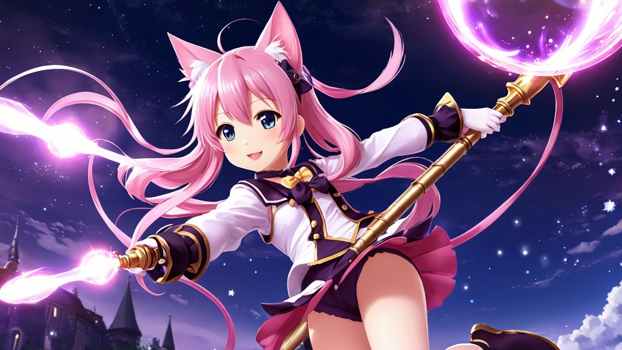 Anime Character with Pink Hair and Magical Staff