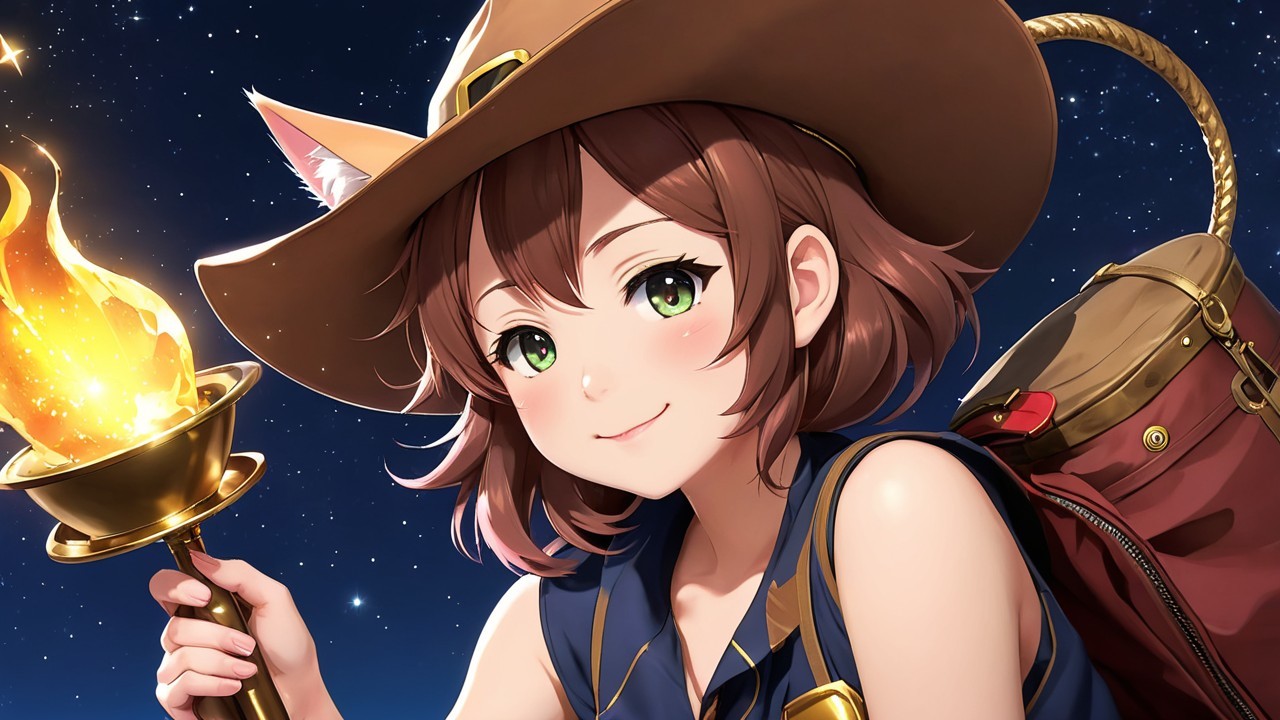 Cheerful girl with cat-like features in starry night