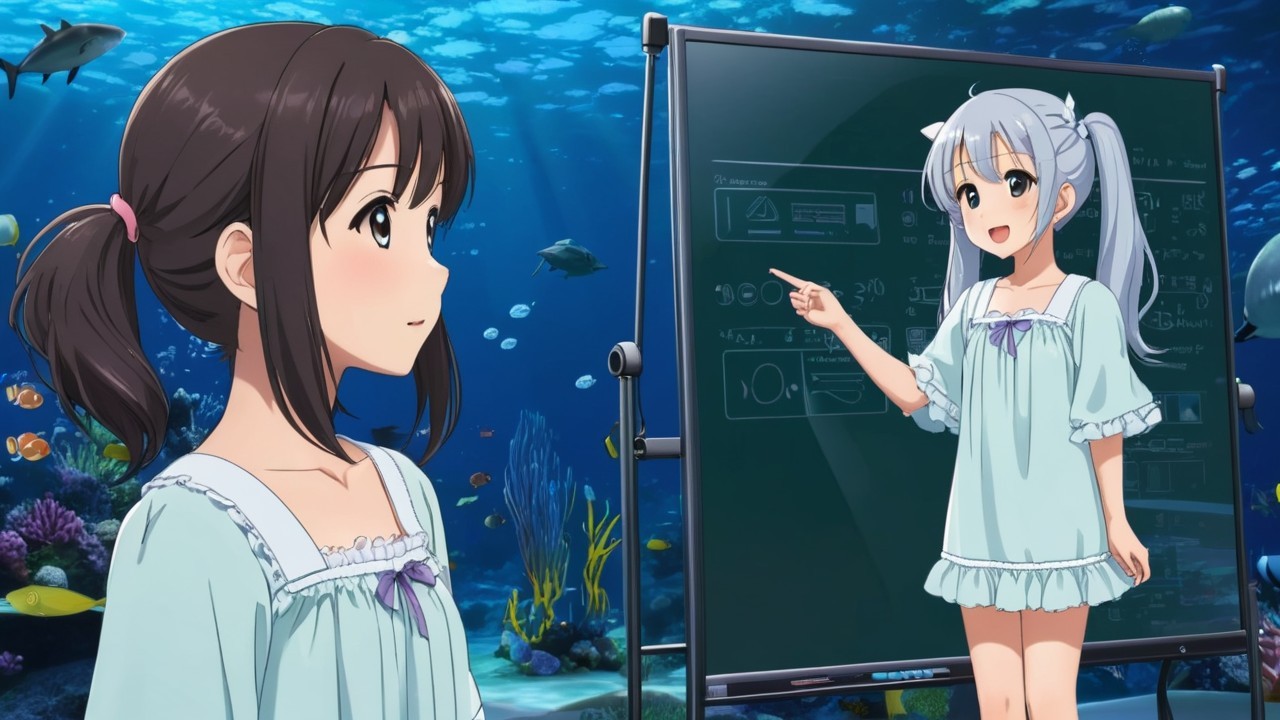 Anime Characters in Underwater Scene with Chalkboard