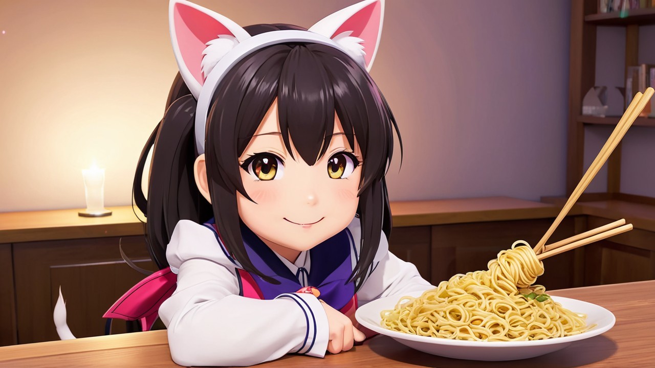 Cheerful Anime Girl with Cat Ears and Noodles