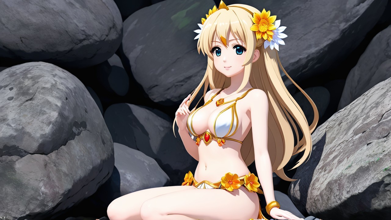 Character with Blonde Hair and Floral Bikini on Rocks